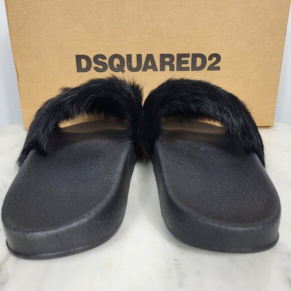 NWB~$825~DSQUARED2~8/8.5~ICON BLACK WHITE GENUINE RABBIT FUR SANDALS SLIDES - Picture 9 of 16